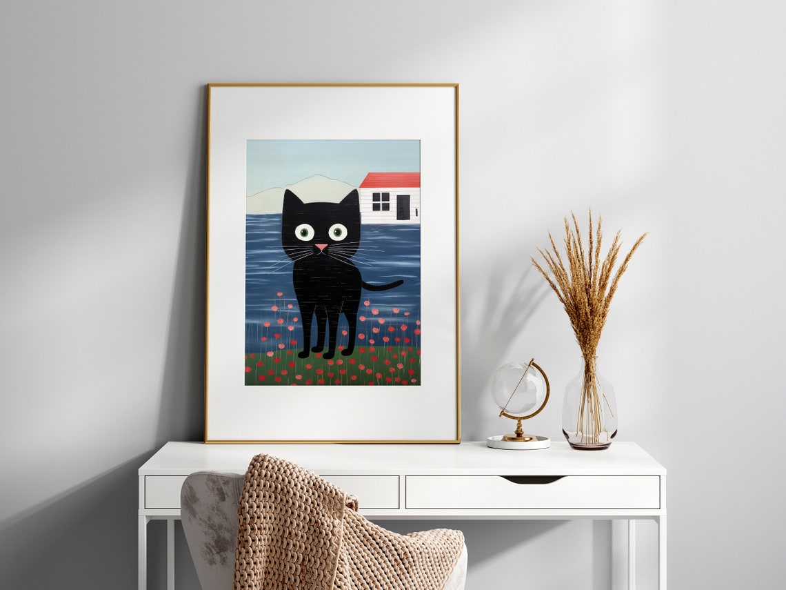 Whimsical Black Cat with Pink Nose Charming Naive Art Poster - Image 2