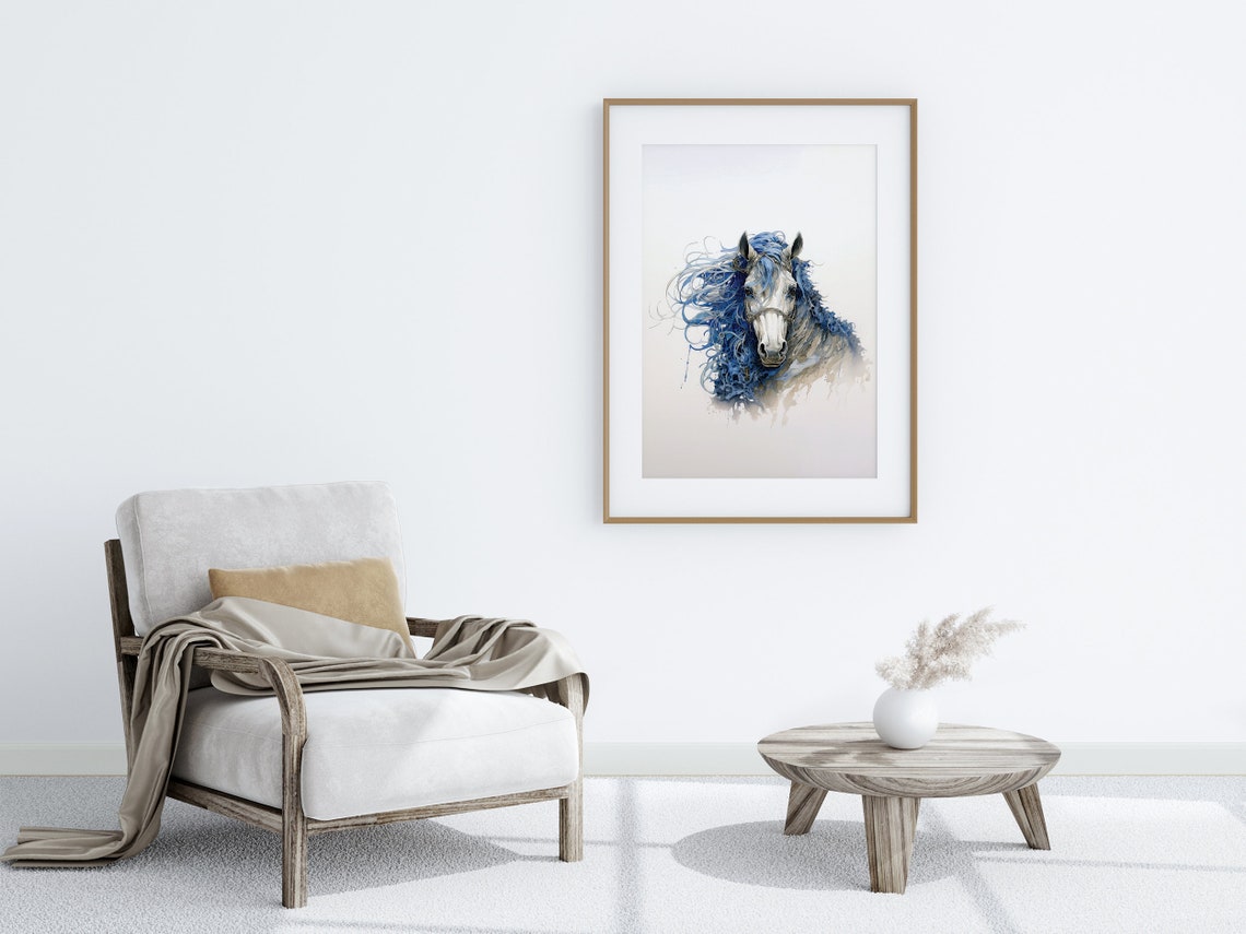 White Horse with Wild Flowing Blue Mane Dreamy Watercolor Poster - Image 3