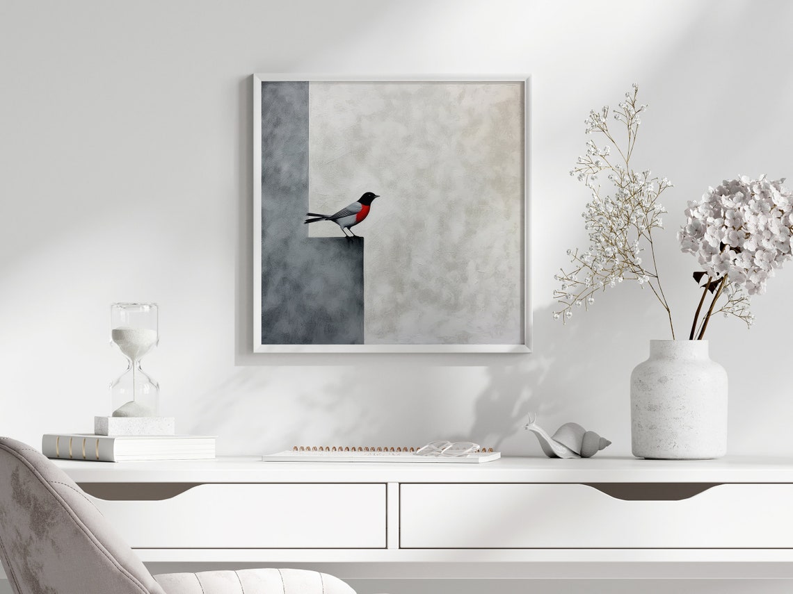 Minimalist Red-Breasted Songbird on Grey Geometric Block Poster - Image 4