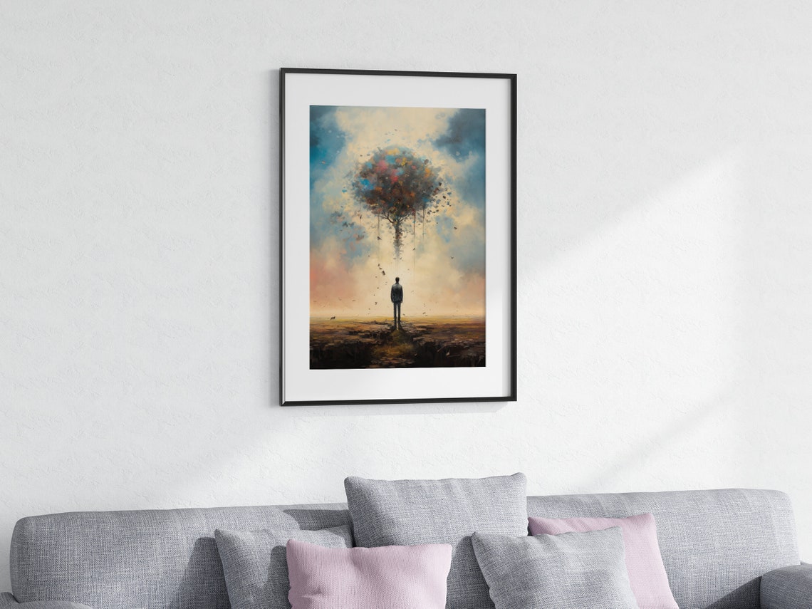 Surreal Lone Figure Beneath a Dissolving Tree Dreamlike Art Poster - Image 3