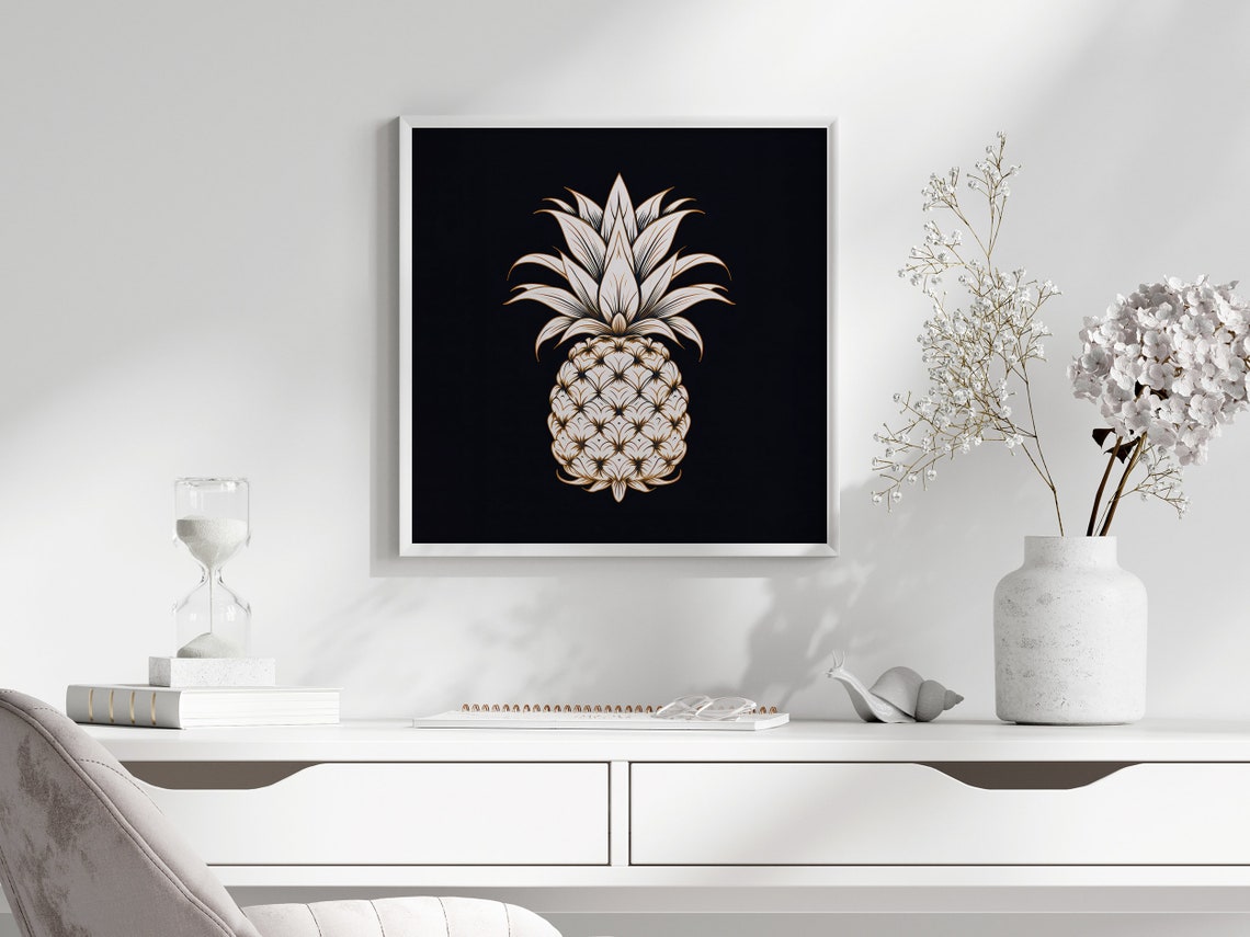 White Pineapple Fine Line Art Bold Tropical Graphic on Black Poster - Image 3