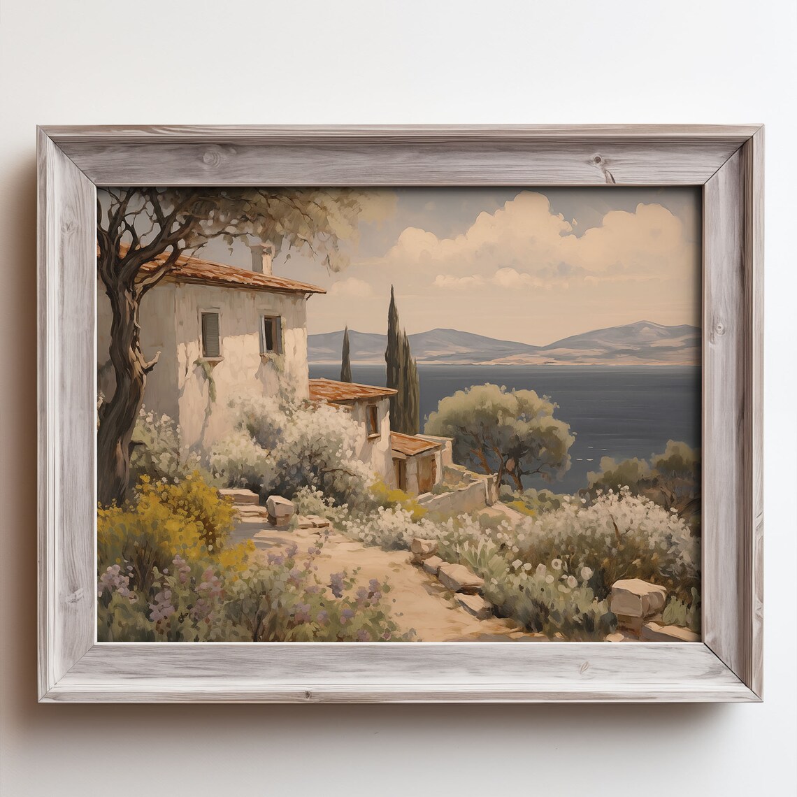 Rustic Farmhouse with Cypress Trees Above the Sea Oil Painting Poster