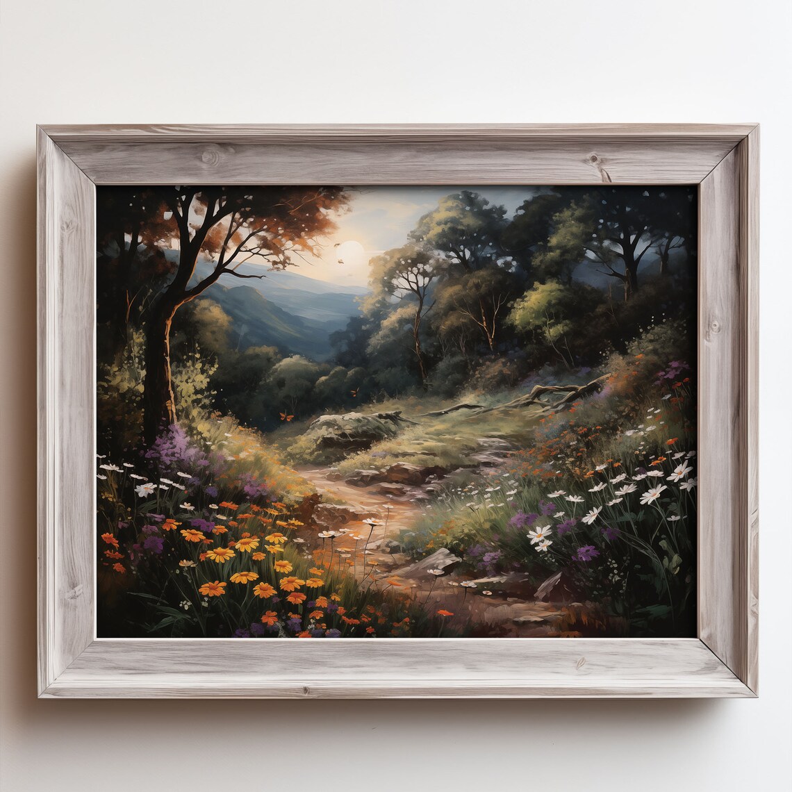 Enchanted Forest Sunset Wildflower Path Butterflies Oil Painting Poster