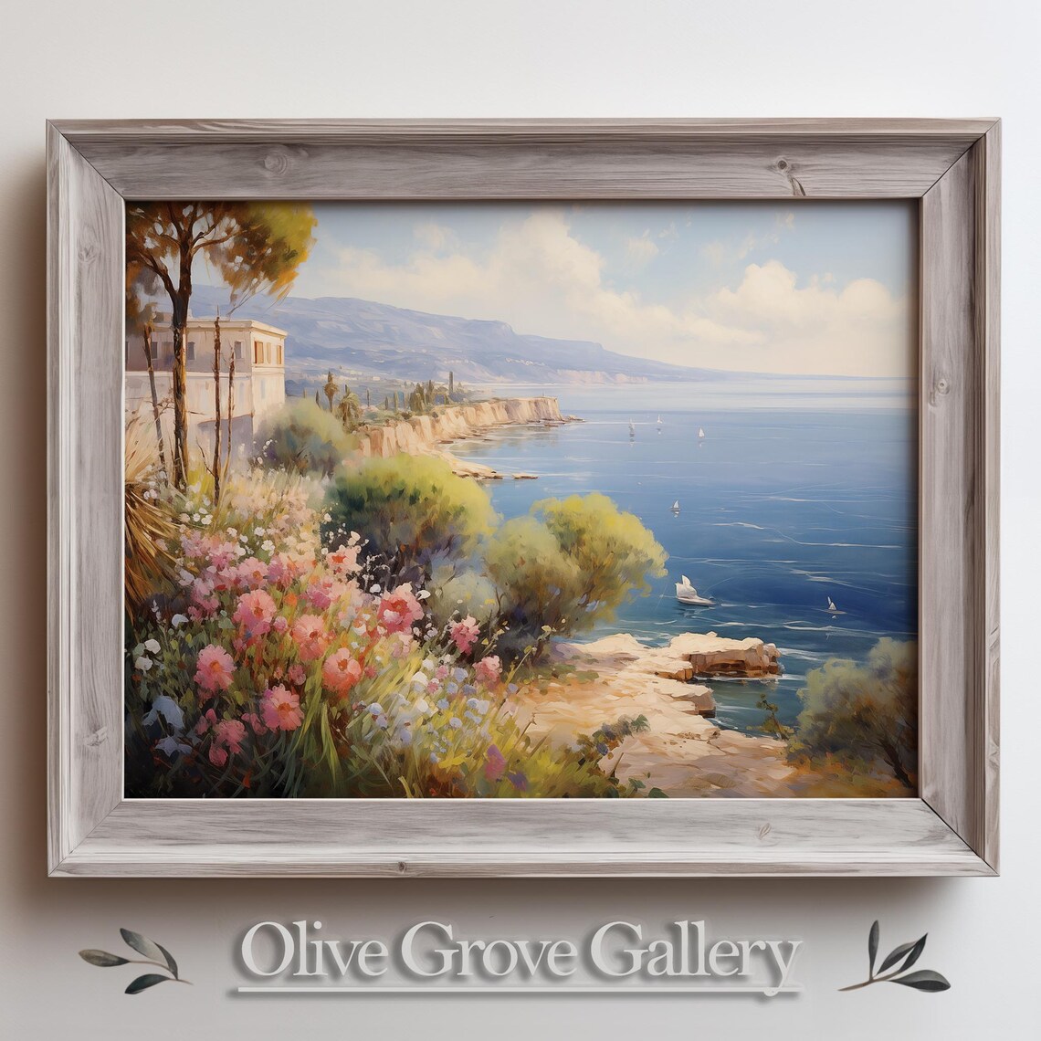 Cliffside Villa Turquoise Sea Painting Sailboats Pink Flowers Poster