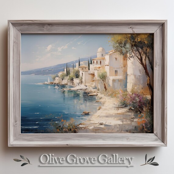 Whitewashed Coastal Village On Calm Blue Bay With Cypress Oil Poster