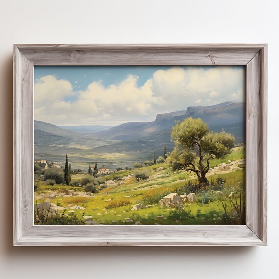 Mediterranean Valley Olive Tree Painting Village Mountain View Poster