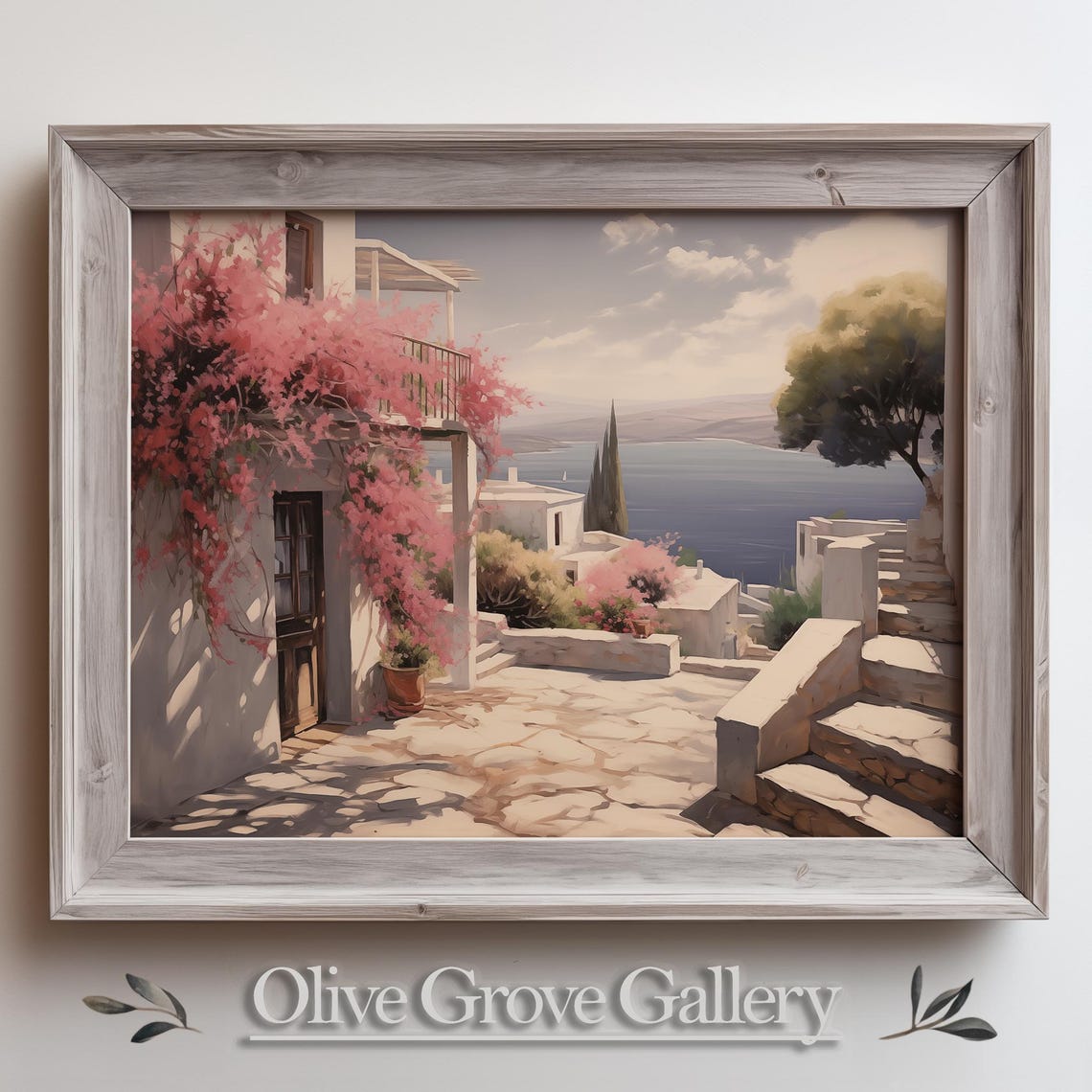 Mediterranean Village Bougainvillea Seaside Steps Oil Painting Poster