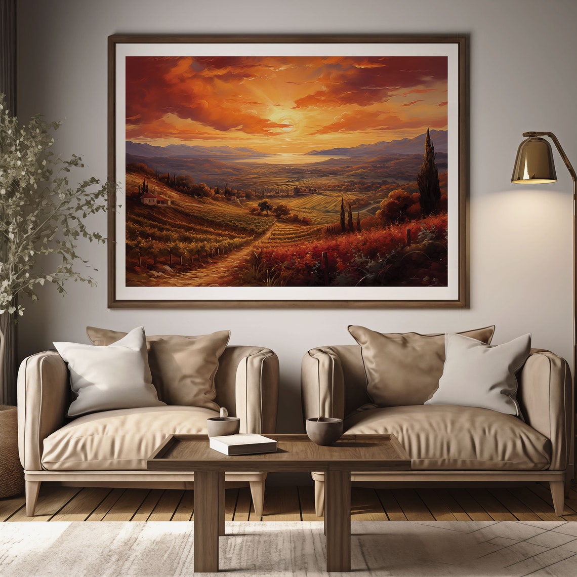 Sunset Over Tuscan Vineyards Rolling Countryside Oil Painting Poster - Image 2