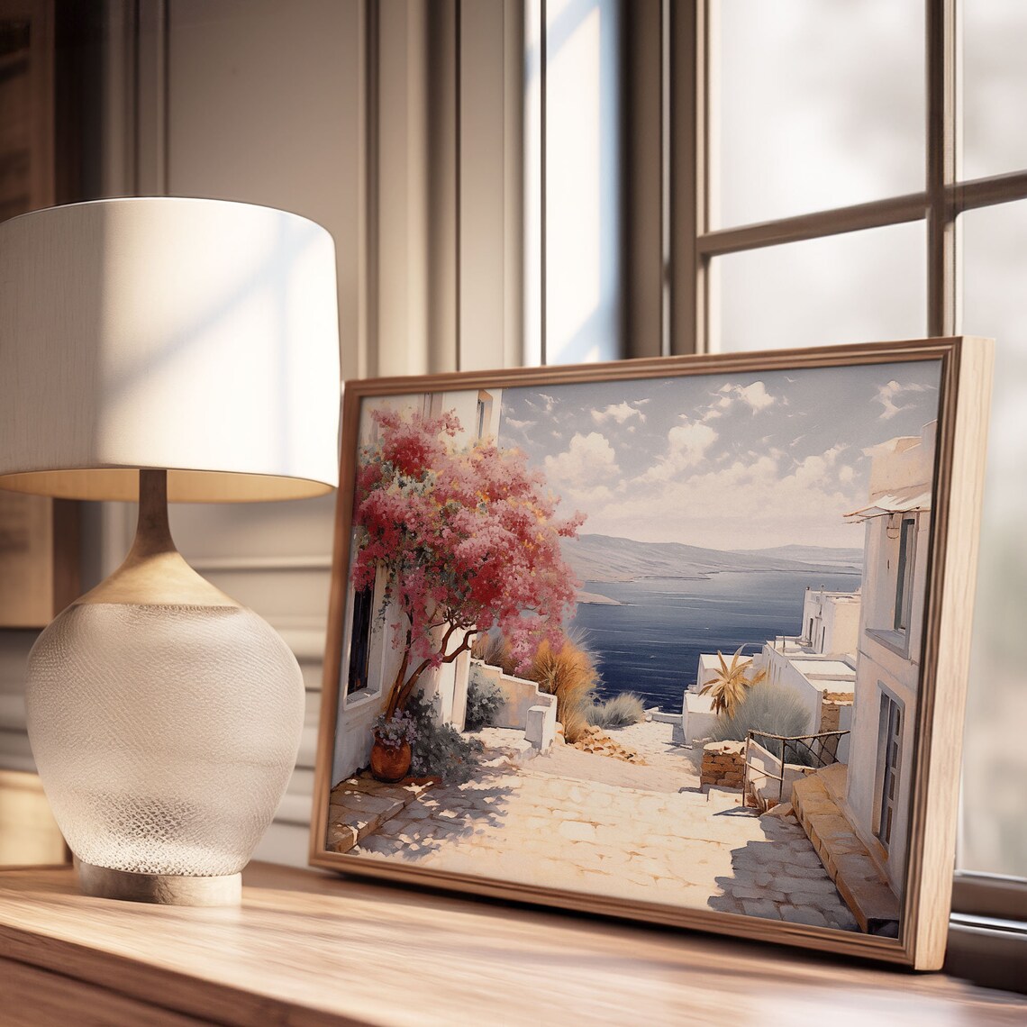 Whitewashed Village Street Sea View Pink Blossom Tree Oil Painting Poster - Image 3