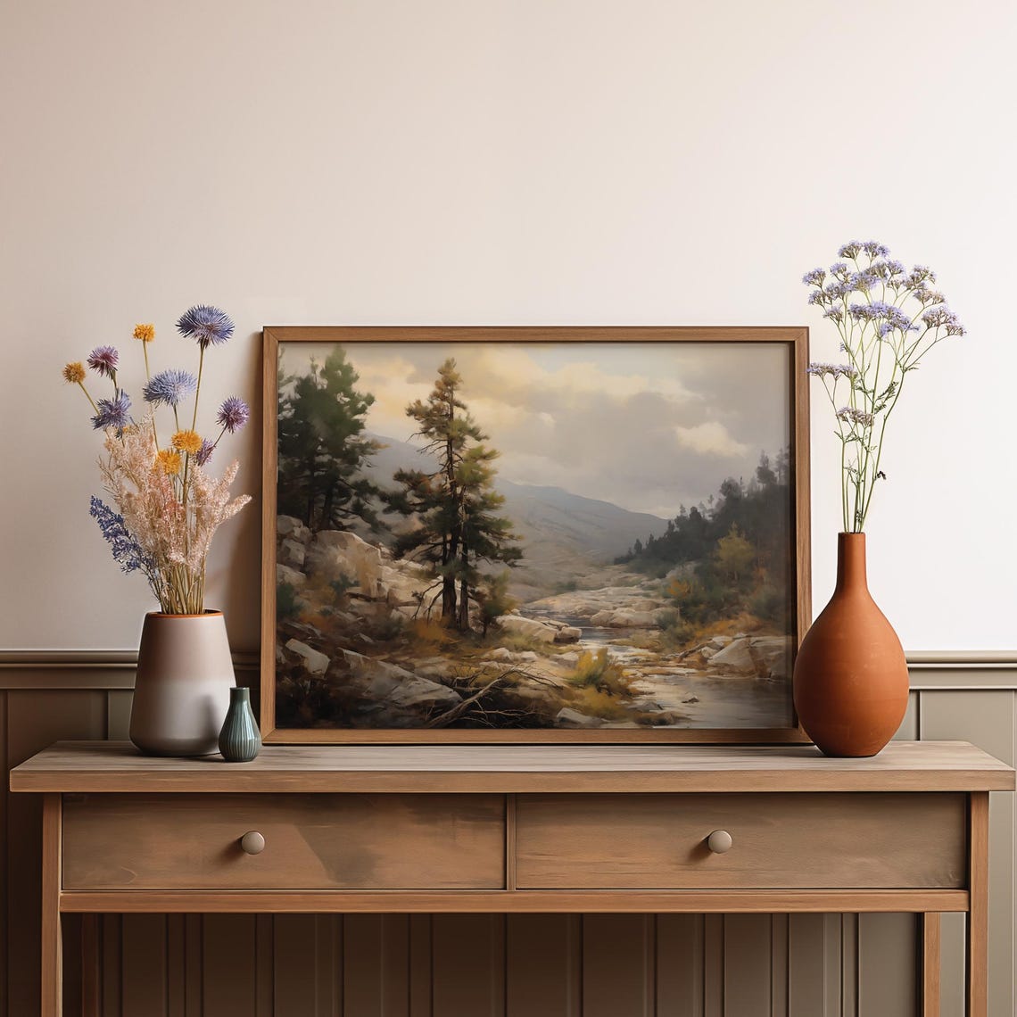 Mountain River Pines Painting Moody Forest Water Boulders Poster - Image 3