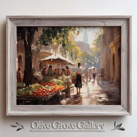 European Street Market with Fruit Stalls Oil Painting Poster