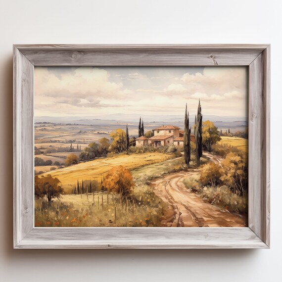 Tuscan Country Villa Cypress Winding Road Golden Fields Oil Painting Poster