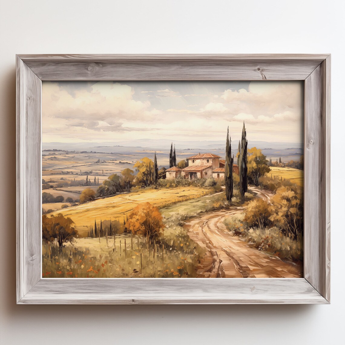 Tuscan Country Villa Cypress Winding Road Golden Fields Oil Painting Poster