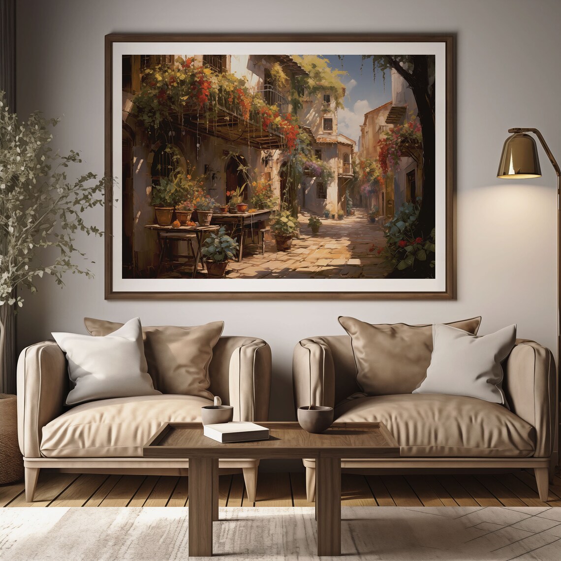 Sunlit Italian Alley Flower Boxes Bougainvillea Cafe Oil Painting Poster - Image 2