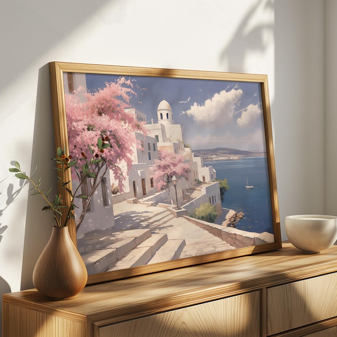 Greek Island Village With Blossoms And Harbor Sailboats Vintage Poster - Image 4