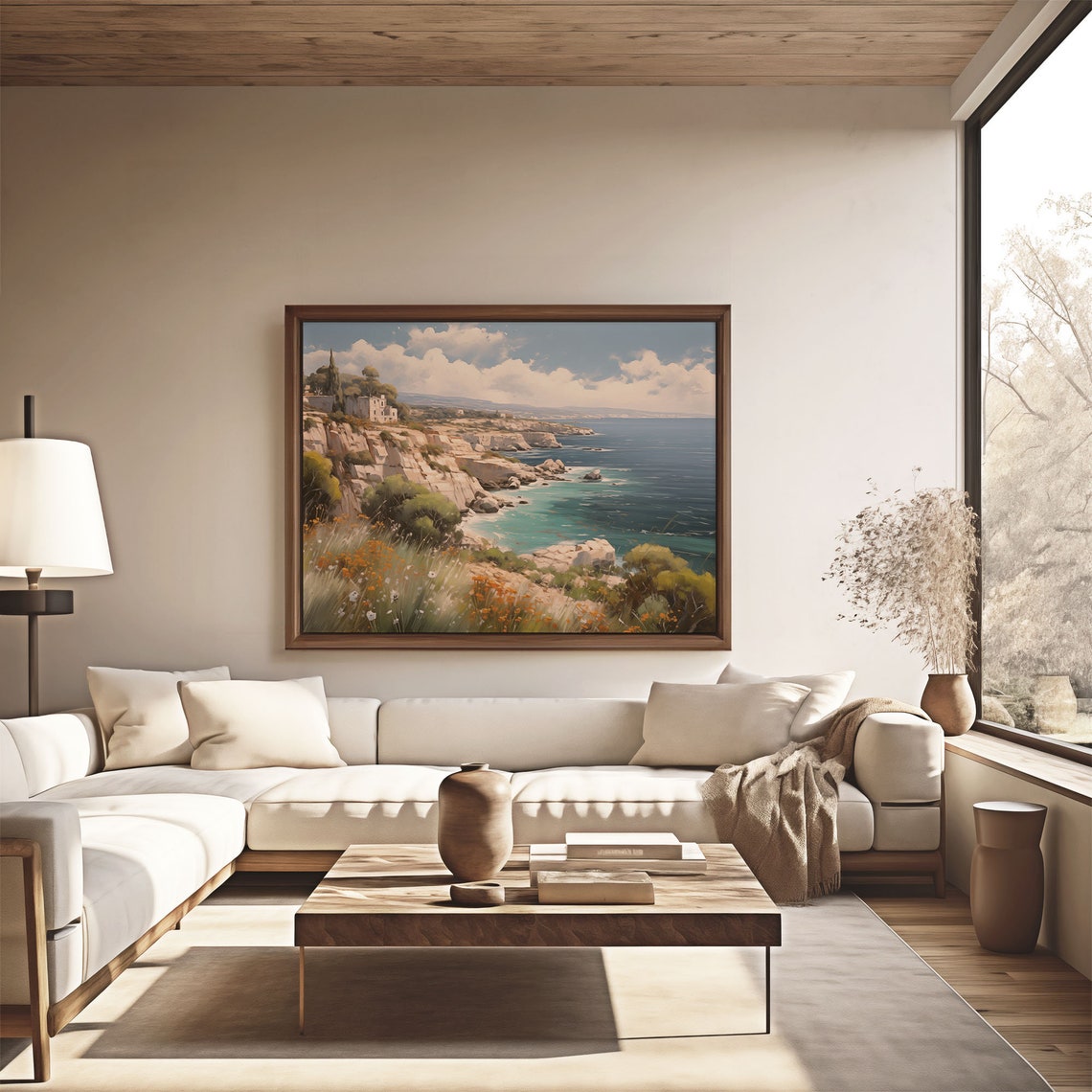 Rocky Turquoise Coastline Cliff Villa Wildflowers Oil Painting Poster - Image 4