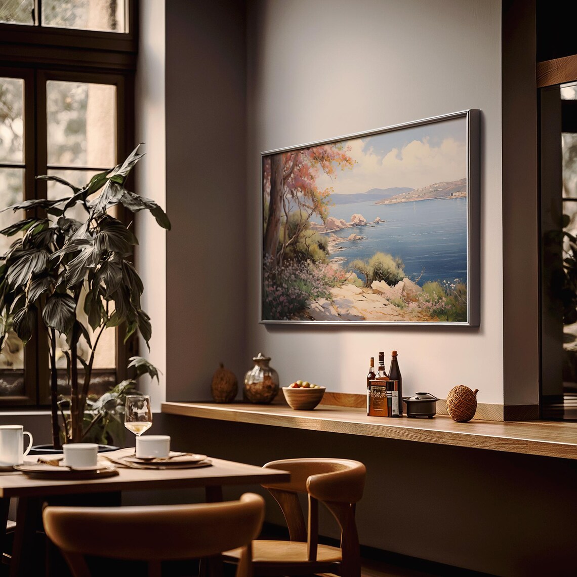 Blossom Tree on Coastal Trail Above Blue Bay Oil Painting Poster - Image 2