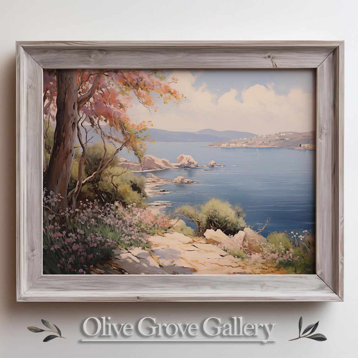 Blossom Tree on Coastal Trail Above Blue Bay Oil Painting Poster