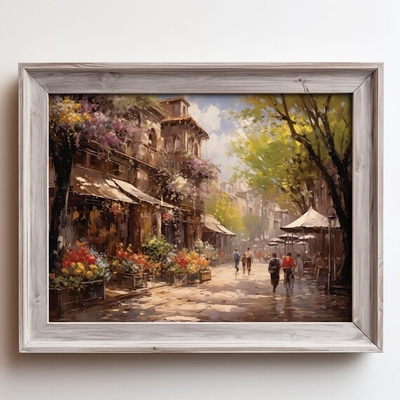 Flower Lined European Street With Shops And Cafes Vintage City Poster