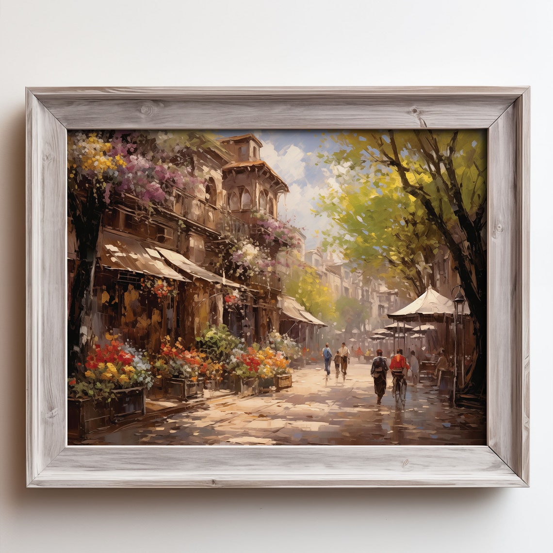 Flower Lined European Street With Shops And Cafes Vintage City Poster