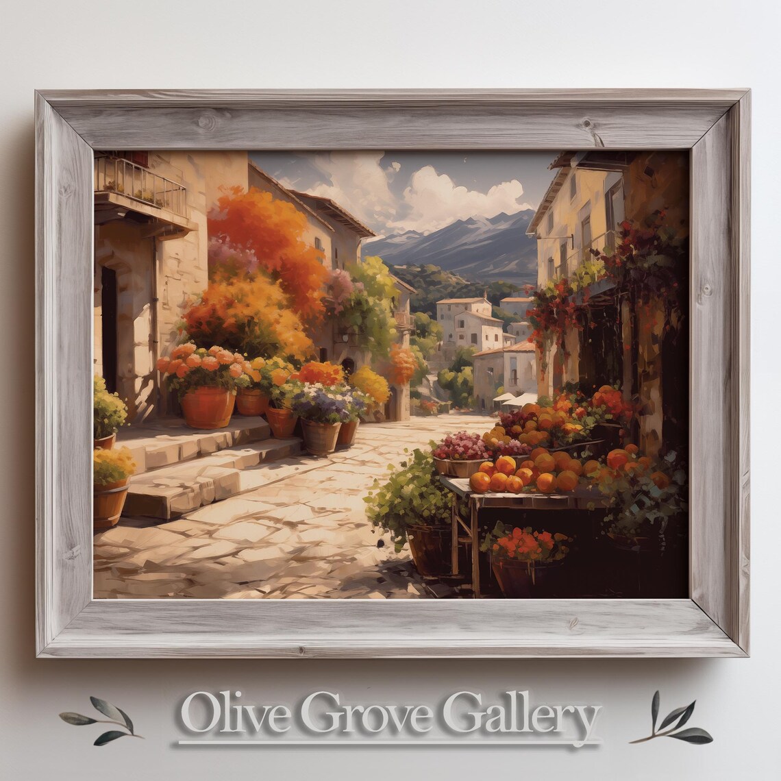 Mediterranean Market Street Flower Pots Fruit Stand Mountains Poster