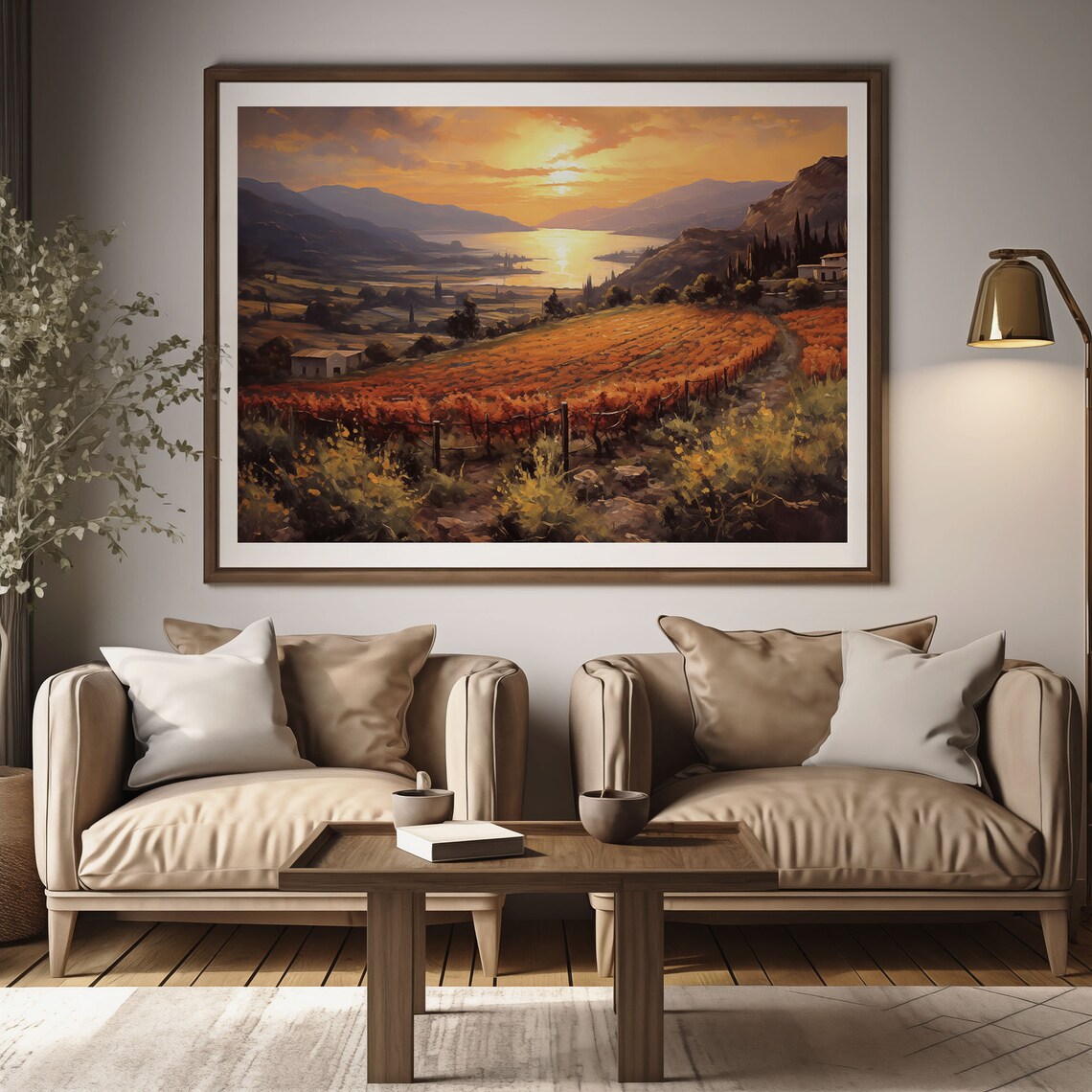 Golden Sunset Over Autumn Vineyard Valley Oil Painting Poster - Image 2