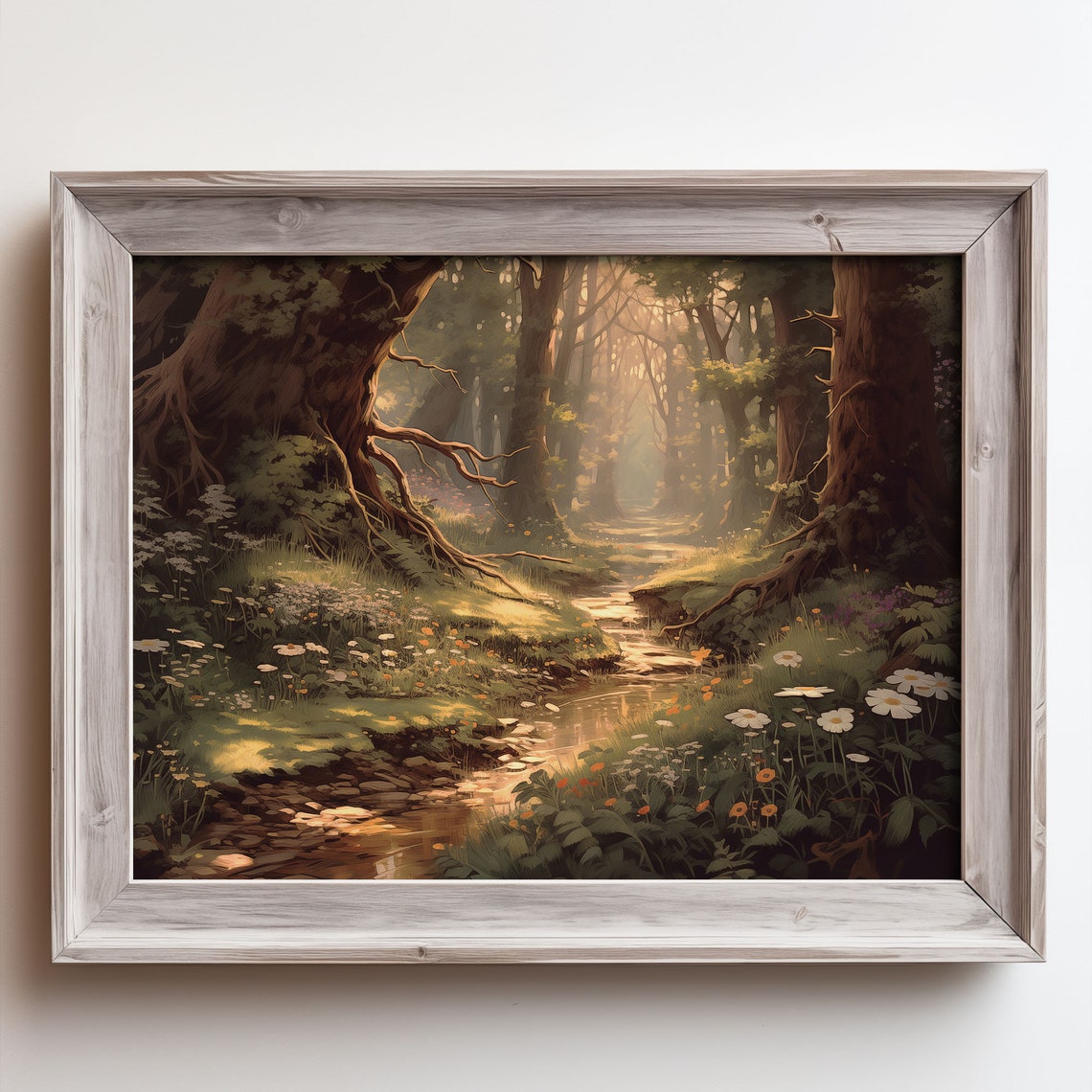 Sunlit Forest Stream Enchanted Woods Wildflowers Oil Painting Poster