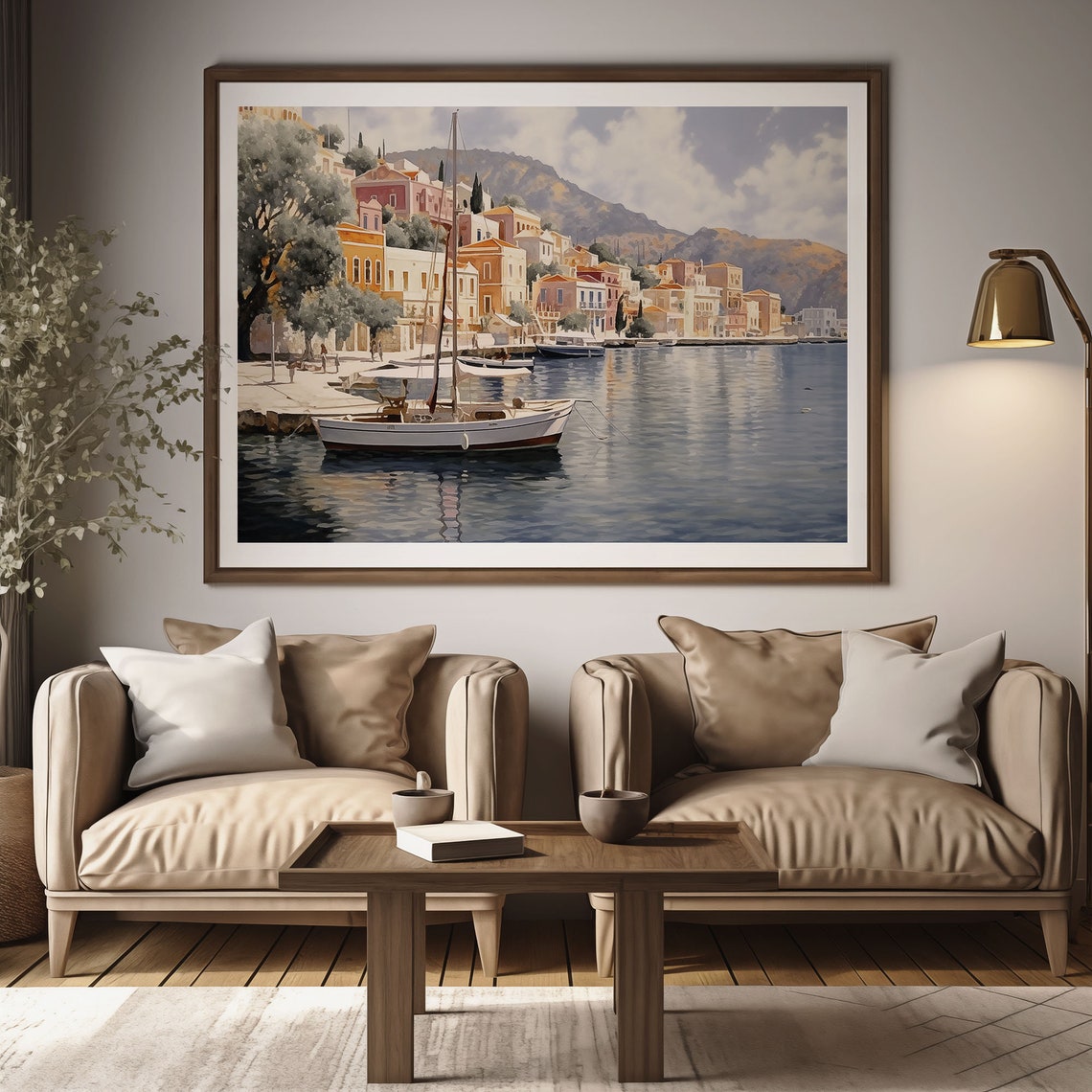 Mediterranean Harbor Sailboat Waterfront Oil Painting Poster - Image 2
