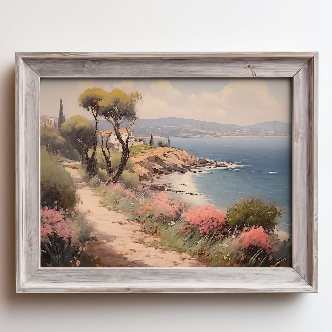 Flower Lined Cliff Path with Pine Trees and Villa Oil Painting Poster