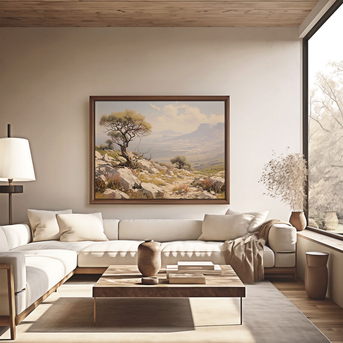 Windswept Tree on Rocky Hill Overlooking the Valley Oil Painting Poster - Image 4