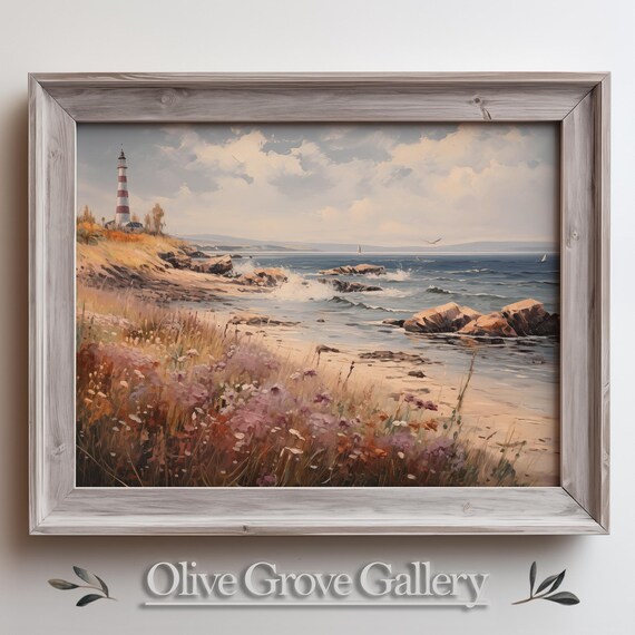 Lighthouse Rocky Coast Waves Striped Tower Seascape Oil Painting Poster