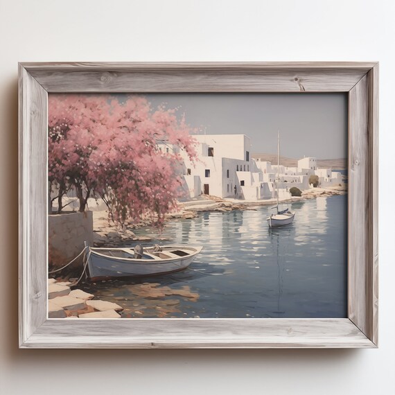Greek Island Harbor White Buildings Bougainvillea Boats Oil Painting Poster