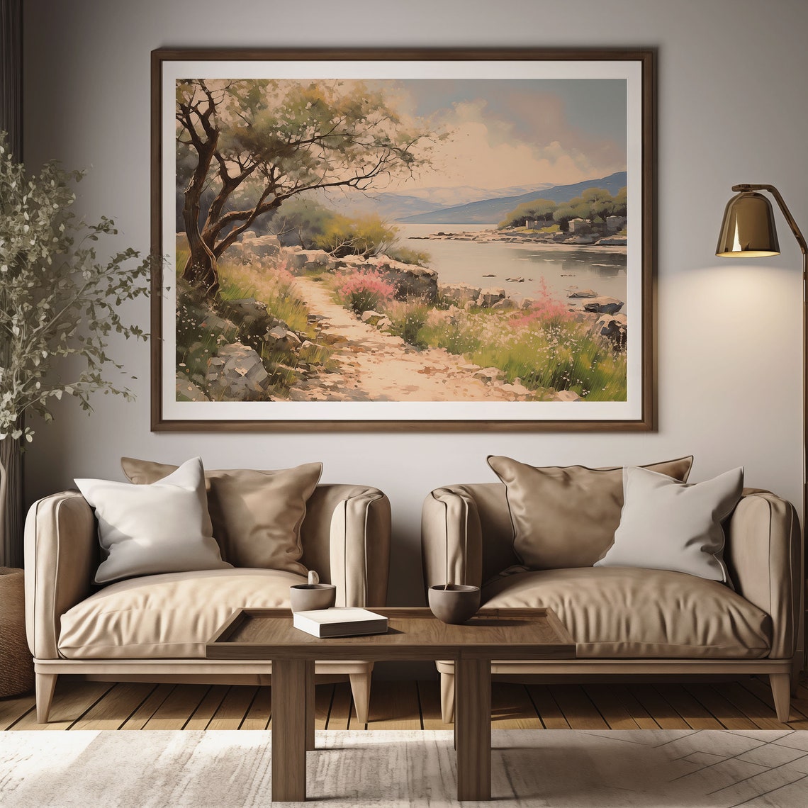 Spring Riverside Blossom Trees Quiet River Mountain Vista Poster - Image 2