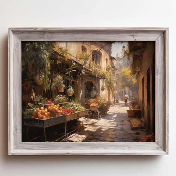 Italian Village Fruit Market Alley Sunlit Cobblestone Oil Painting Poster