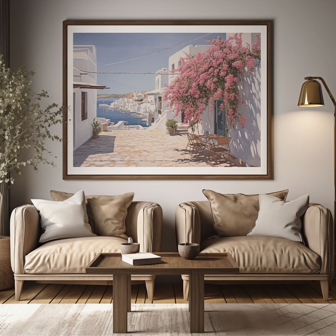 Greek Island Street With Pink Bougainvillea Harbor View Vintage Poster - Image 2
