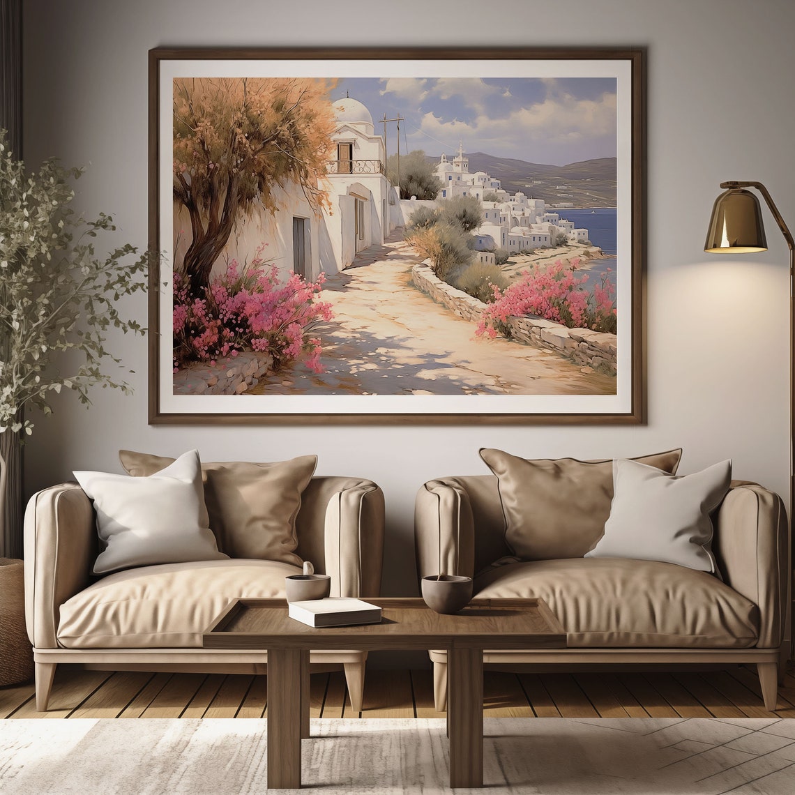 Santorini White Village Lane Pink Flowers Blue Domed Church Poster - Image 2