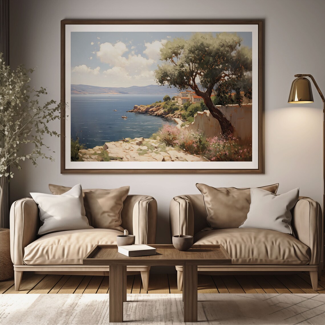 Olive Tree Cliff Village Painting Seaside Boats Blue Water Poster - Image 3