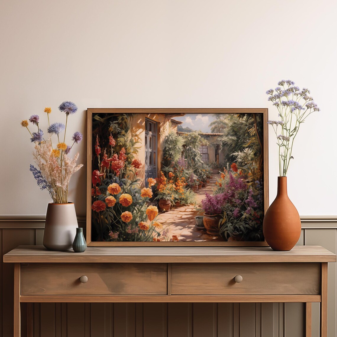 Lush Garden Courtyard Flower Path Stone House Garden Art Poster - Image 3