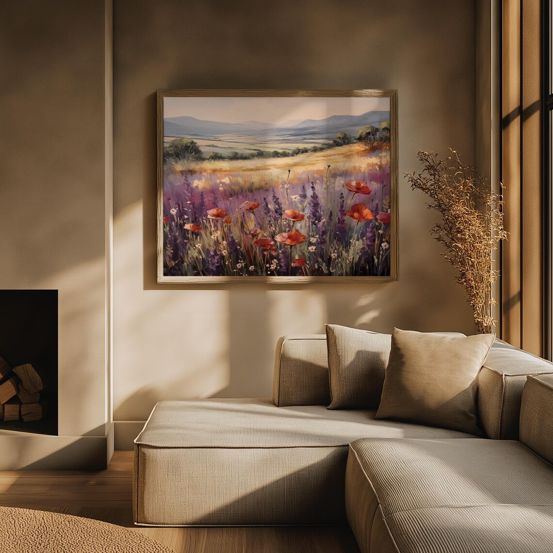 Red Poppy Purple Lavender Meadow Valley Sunset Oil Painting Poster - Image 3