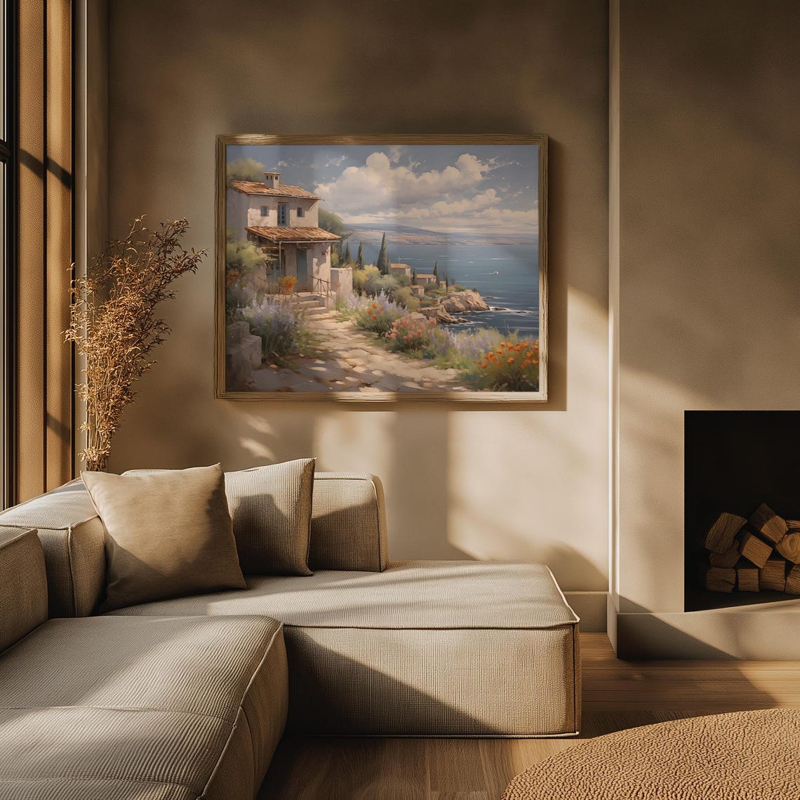 Stone Coastal Cottage Lavender Wildflowers Seaside Oil Painting Poster - Image 3