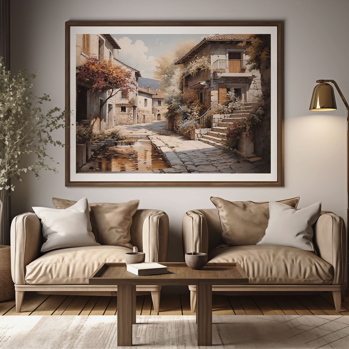Stone Village Street With Stream Autumn Colors Oil Painting Poster - Image 2