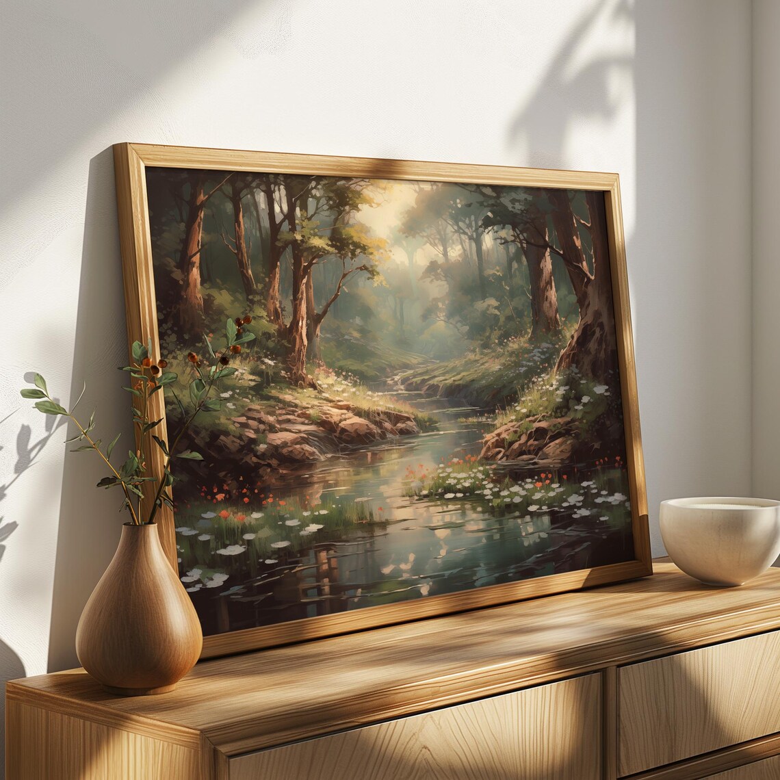 Mystical Forest River Painting Serene Woodland Stream Nature Poster - Image 4