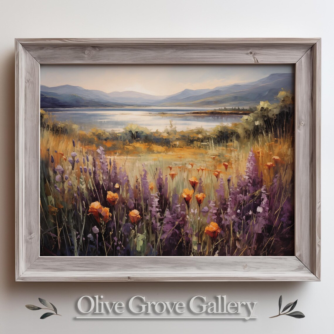 Mountain Lake Wildflower Field Lavender Poppy View Oil Painting Poster