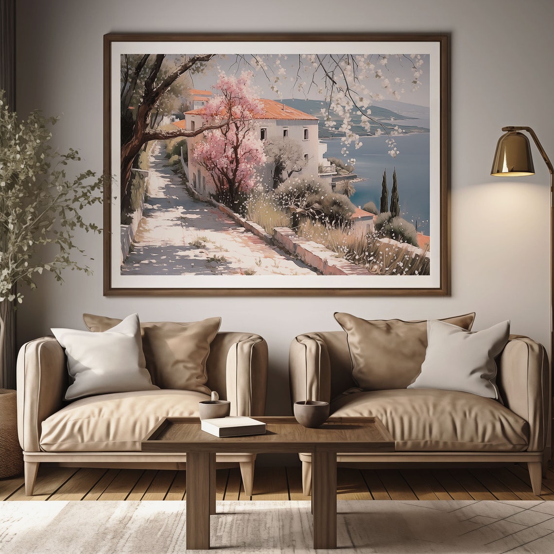 Springtime Cherry Blossom Lane White Villa Overlooking Sea Poster - Image 2