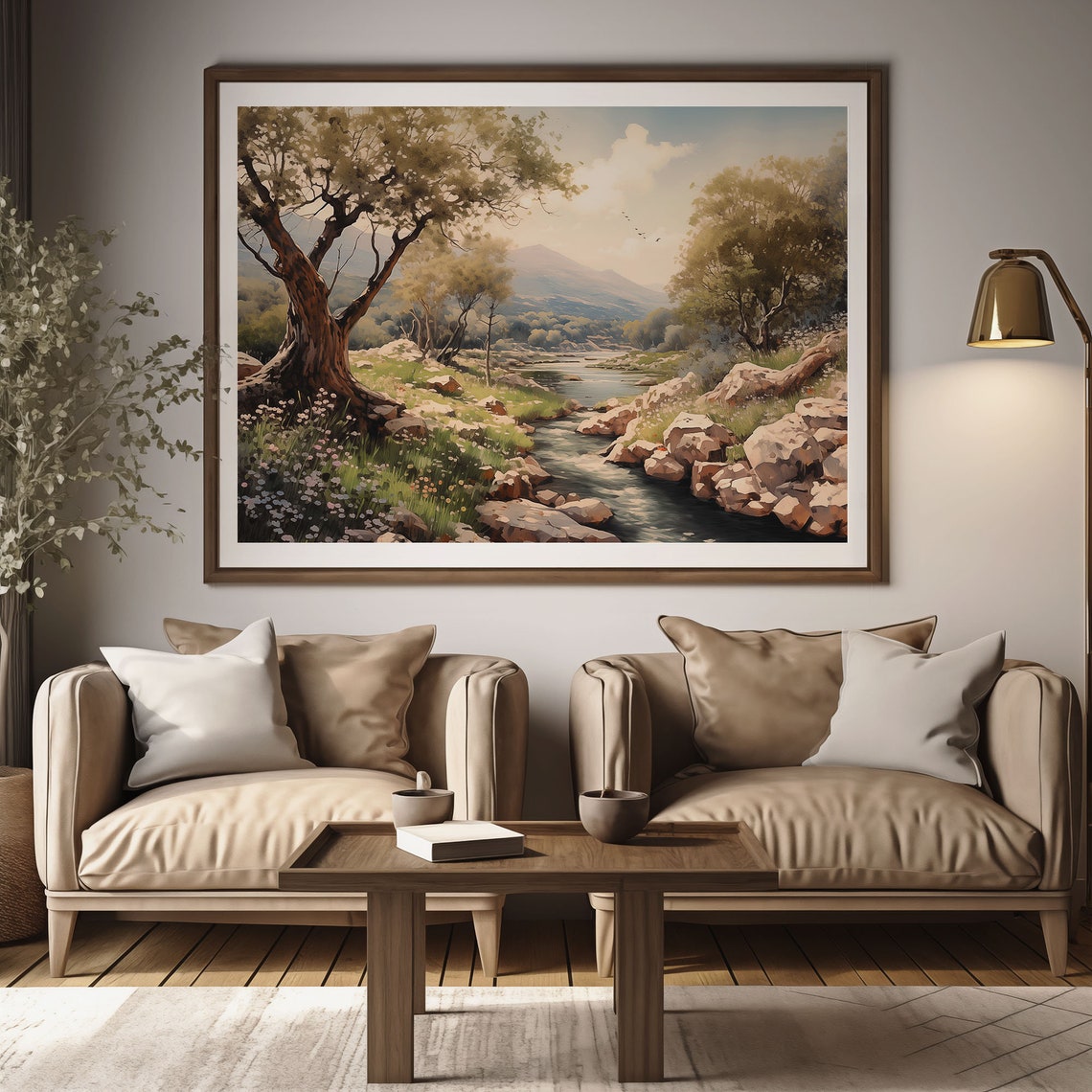 Countryside Rocky Riverbed Stream Olive Trees Distant Peaks Poster - Image 2