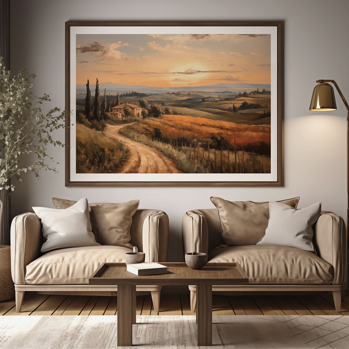Tuscan Sunset Farmhouse Cypress Dirt Road Autumn Fields Oil Painting Poster - Image 2