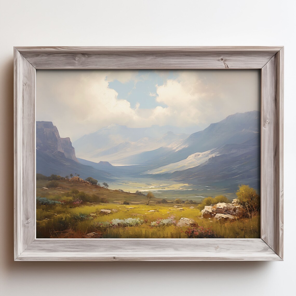Misty Mountain Valley Painting Golden Meadow Rock Peaks Poster