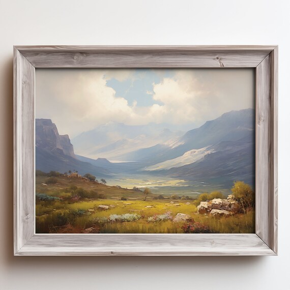 Misty Mountain Valley Painting Golden Meadow Rock Peaks Poster