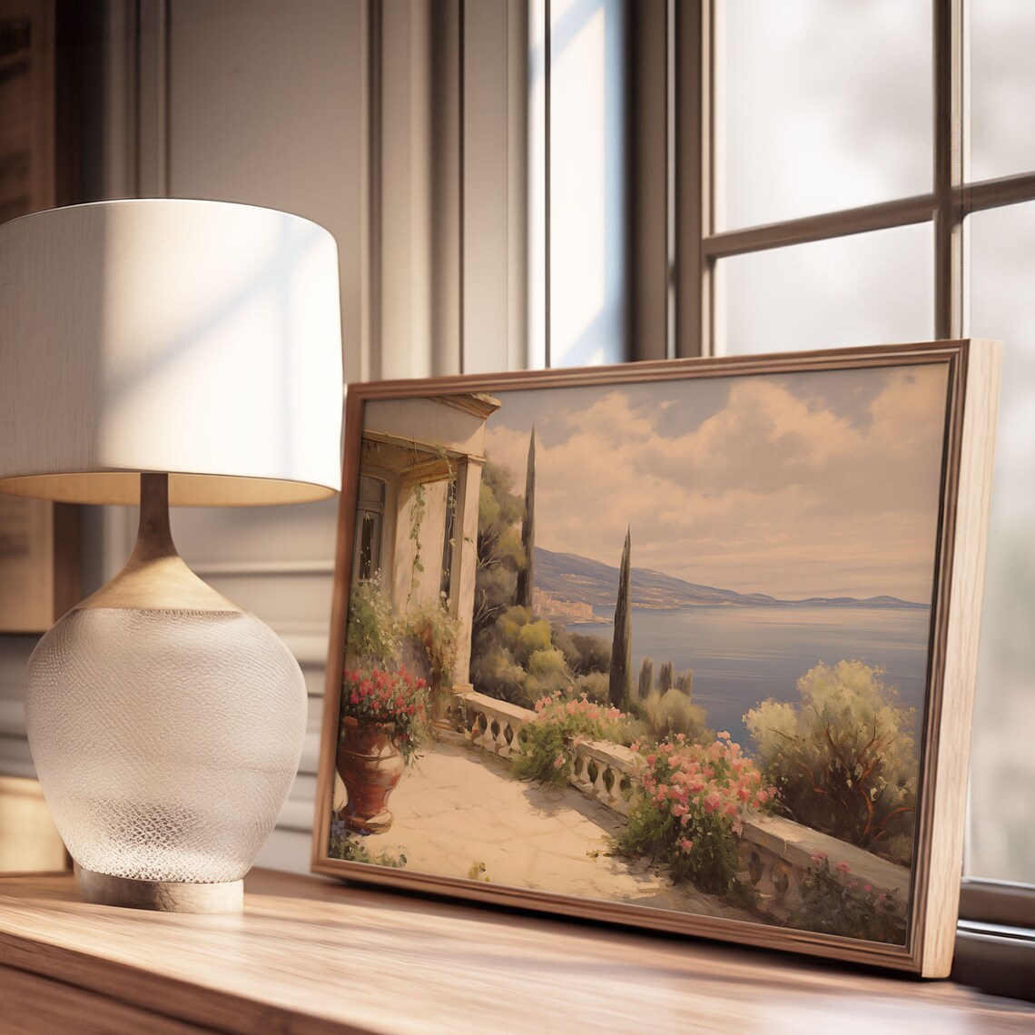 Italian Villa Terrace Overlooking the Sea Oil Painting Poster - Image 3