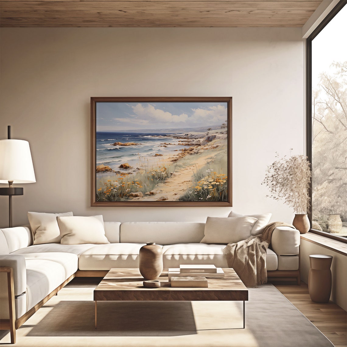 Rocky Coastline Sandy Path Wildflower Ocean View Oil Painting Poster - Image 4